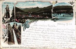 1918 Hermagor, Hermagor-Pressegger See; Gailtalerin, Zuchen-Wasserfall, Pressegger See. Kunstanstalt Karl Schwidernoch Art Nouveau, floral, litho (EK)