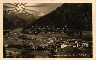 1938 Mallnitz (Kärnten), Mallnitz gegen Seebachtal m. Ankogel / general view, Nazi swastika montage in place of the Sun (EK)