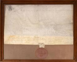 1749 Mária Terézia nevében kiadott kiváltságlevél Gerard Dubois Greylien a belgiumi Namur polgármestere számára, Lotharingiai Károly Sándor herceg  (1712-1780) (Karl Alexander von Lothringen / Prince Charles Alexander of Lorraine) németalföld helytartója által jegyezve. Az uralkodó függő viaszpecsétjével, pergamenen, 6Fl előnyomott szignettával. Üvegezett keretben. 65x42 cm / 1749 Letter of privilege issued on behalf of Maria Theresa to Gerard Dubois Greylien, mayor of Namur, Belgium, signed by the office of Prince Charles-Alexandre de Lorraine. With the monarch's wax seal attached on pergamin with 6Fl signetta. In glazed frame 65x42 cm