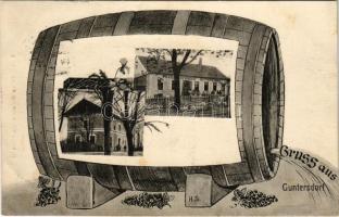 1913 Guntersdorf, Gruss Aus... Franz Deninger Restauration, Bahnhof / restaurant, railway station. Art Nouveau montage with wine barrel (fl)