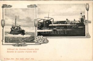 Während der Sommer-Escadre. K.u.K. Kriegsmarine / Durante la squadra d'estate / Osztrák-magyar torpedónaszád / Austro-Hungarian Navy torpedo boat, squadron. M. Clapis, Phot., Atelier "Flora" Pola. Art Nouveau, floral (kis szakadás / small tear)