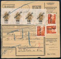 1946 (7. díjszabás) Csomagszállító 3 db bélyeggel és 12 db okmánybélyeggel "JÁSZSZENTLÁSZLÓ" - Budapest