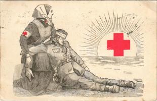 1914 Vöröskeresztes propaganda lap katonával és nővérrel / WWI K.u.K. military, Red Cross propaganda, nurse with soldier. M. Engler, Buchdruckerei Josef Khil (Graz) (EB)