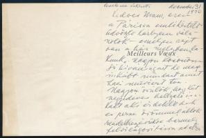 cca 1930 Dormándi Olga (Dormándi Lászlóné, szül. Székely-Kovács Olga, 1900-1971) festőművész, szobrász, keramikus saját kezű levele, másfél beírt oldal, "Dormándi Olga" aláírással (férje Dormándi László (1898-1967) író, a Pantheon Kiadó igazgatója volt, akivel 1923-ban Párizsban ismerkedtek meg, és 1924-ben Budapesten kötöttek házasságot)