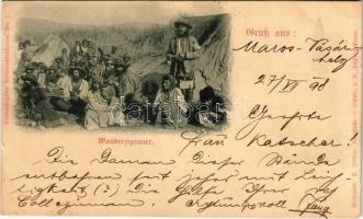1898 Wanderzigeuner. Siebenbürgische Volkstrachtenkarten No. 7. Verlag v. H. Zeidner (Kronstadt), Lichtdruck v. A. Schäfer / Vándorcigányok, erdélyi folklór / Gypsy folklore, wandering gypsies camp in Transylvania (apró szakadás / tiny tear)