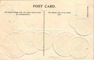 Türkiye / Turkey - Set of Turkish coins, national flag, currency exchange chart. H. S. M. Emb. litho...