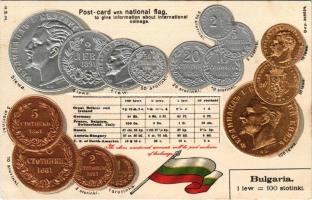 Bulgaria - Set of Bulgarian coins, national flag, currency exchange chart. H. S. M. Emb. litho (tiny pinhole)