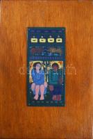 Fajka János (1935-): Két alak. Tűzzománc, fémlemez, jelzett, fa lapon, 1970, 19x9 cm