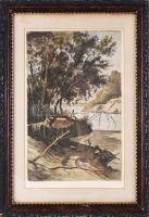 Zádor István (1882-1963): Halász. Színezett rézkarc, papír, jelzett a karcon. Dekoratív, üvegezett, sarkaiban kissé sérült fakeretben, 34,5×22 cm