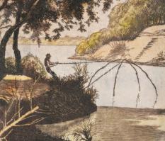 Zádor István (1882-1963): Halász. Színezett rézkarc, papír, jelzett a karcon. Dekoratív, üvegezett, ...