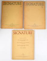1946-1947 Signature folyóirat 3 száma: New Series 2-3-4. A Quadrimestrial of Typography and Graphic Art. Edited by Oliver Simon. London, Signature. Angol nyelven. Gazdag képanyaggal illusztrált. Kiadói papírkötések, az egyik füzet elvált a borítótól.