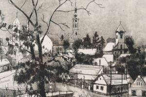 Doór Ferenc (1918-2015): Szentendre. Rézkarc, papír, jelzett, üvegezett fakeretben, 19,5x29 cm