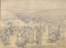 Olvashatatlan (Aba-Novák?) jelzéssel: Emberek az utcán. Ceruza, papír, apró szakadással, üvegezett fakeretben, 22,5x29,5 cm