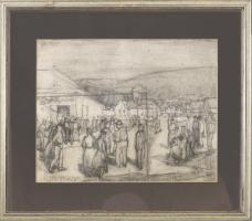 Olvashatatlan (Aba-Novák?) jelzéssel: Emberek az utcán. Ceruza, papír, apró szakadással, üvegezett f...