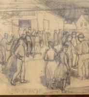 Olvashatatlan (Aba-Novák?) jelzéssel: Emberek az utcán. Ceruza, papír, apró szakadással, üvegezett f...