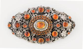 Régi ezüst (Ag) bross, barokk gyöngy és borostyán berakásokkal, jelzett, h: 6 cm, bruttó 24,5g