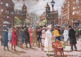 Berkes A jelzéssel: Forgatag. Akvarell, papír. Dekoratív, üvegezett, sérült fakeretben, 31,5x45 cm