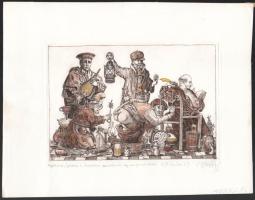 Vén Zoltán (1941-): "Hippokrates, Salenos, Paracelsus asszisztálnak egy aranyérműtéthez. Színezett rézmetszet, papír, jelzett, próbanyomat és művészpéldány, 15x22 cm