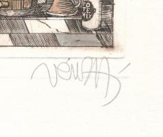 Vén Zoltán (1941-): "Hippokrates, Salenos, Paracelsus asszisztálnak egy aranyérműtéthez. Színez...