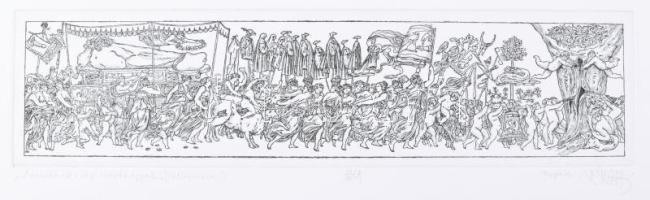 Vén Zoltán (1941- ): Vonulás (cím nélkül). Heliogravűr, papír, jelzett, művészpéldány EA III/XX számozással, Vén Zoltán autográf ajánlásával, 9×35 cm