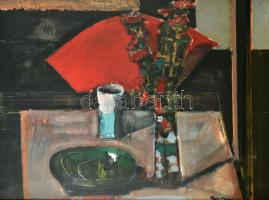 Gerzson Pál (1931-2008): Csendélet. Olaj, farost, jelzett, hátoldalán Képcsarnok Vállalat címkéjével, 60×80 cm. Üvegezett keretben.