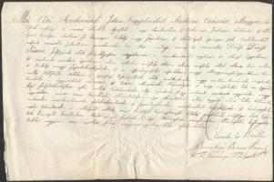 1848 Kolozsvár. Brunnbergi Brunner Sámuel főkormányi titoknok aláírásával ellátott ügyvédi meghatalmazó irat igazolása, császári pecséttel. déési Déési János.