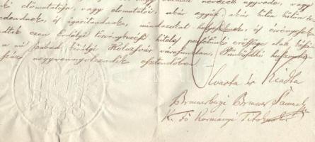 1848 Kolozsvár. Brunnbergi Brunner Sámuel főkormányi titoknok aláírásával ellátott ügyvédi meghatalm...