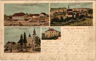 1900 Weibern, J. Götzendorfer's Sägewerk, Totalansicht, Pfarr Platz, Schule. H. Claudi / sawmill, forest industry, industrial railway, view, church, school (EK)