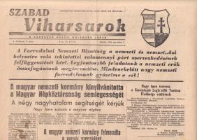 [Folyóirat, 1956.] Szabad Viharsarok. A Csongrád megyei dolgozók lapja. I. évfolyam, 2. szám. (1956. november 2.) [A magyar nemzeti kormány kinyilvánította a Magyar Népköztársaság semlegességét. A nemzeti kormány felmondta a varsói szerződést. A szovjet csapatok kivonásához a négy nagyhatalom segítségét kérjük.] (Hódmezővásárhely), 1956. (Szegedi Nyomda Vállalat). 2 p. Folio. A nagy múltra visszatekintő hódmezővásárhelyi lapkiadás fontos napilapja az 1944-ben indult Vásárhely Népe. A helyi és országos híreket közzétevő lap az idők során kommunista irányítás alá került, 1950-től a Viharsarok nevet vette fel. Az 1956-os forradalom során a folyóirat szakított korábbi állampárti hangvételével. Szabad Viharsarok néven megjelent lapszámunk közzéteszi Nagy Imre nyílt levelét, amelyben a szovjet csapatok haladéktalan kivonását kéri. A hírek közt XII. Pius pápa Mindszenthy bíboroshoz intézett nyílt levele, valamint híradás arról, hogy Mindszenthy napokon belül szózatot intéz a néphez. A továbbiakban a forradalmi tanácsokhoz címzett nyilatkozatok és kérések. Jó állapotú lap, hajtogatva.