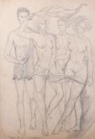 Farkas B jelzéssel: Női aktok és férfi akt. Ceruza, papír. Kétoldalas mű, hátoldala álló női akt, 47×32,5 cm