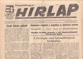 [Folyóirat, 1956.] Csongrádmegyei Hírlap. A Magyar Szocialista Munkáspárt megyei lapja. I. év., 30. szám. (1956. december 23.) (Hódmezővásárhely), 1956. (Szegedi Nyomda Vállalat). [4] p. Folio. Az 1956-os forradalom eltiprásának napjaiban az uralomra segített új állampárt, az MSZMP egymás után alapította megyei alapszervezeteit, az alapszervezetek pedig megalapították saját megyei hírlapjukat. Átmeneti időszakban készült lapszámunk az MSZMP törvényes rend iránti elkötelezettségét méltatja, ugyanakkor elhatárolódik az elődpárt MDP politikájának túlzó, rákosista elhajlásaitól. A különös ideológiai tornamutatvánnyal élő vezércikk amellett érvel, hogy a helyi MSZMP tagságában vannak ugyan korábbi MDP-vezetők, ám ők immár a jó ügyet, az egyetlen helyes ügyet, a nép ügyét szolgálják. További hírek ellenforradalmi szervezkedésről és rendteremtésről. A tartalomból: A törvényes rend helyreállításának kérdéséhez -- Maroslelén is irtani akart az ellenforradalom -- Rendes bíróság tárgyalja a két fegyverrejtegető dorozsmai ügyét -- Lelkiismeretlenség mindig csak kérni és semmit sem adni. Egy oroszlányi bányász nyílt levele a Csongrádmegyei Hírlaphoz -- Szentesen is gyarapodik az MSZMP létszáma és ereje -- Párthírek. Jó állapotú lapszám, hajtogatva.