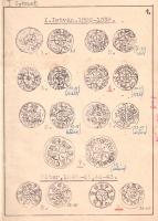 Árpád-kori magyar pénzérmék képes katalógusa. Réthy László Corpus Nummorum Hungariae című numizmatikai munkája nyomán. Kézirat gyanánt. [Budapest], 1940. [Szerzői kiadás - ny. n.] [2] p. + 35 t. Rövid katalógusunk a Réthy László (1851-1914) numizmatikus által összeállított, az Árpád-kori pénzérméket katalogizáló "Corpus Nummorum Hungariae" című, századfordulón kiadott szakmunka érmerajzait adja közre egyszerűsített formában. Az eredeti mű érmerajzait Weszerle József készítette, kötetünk összeállítója a rajzolatokon kisebb változtatásokat hajtott végre. A címlapon régi tulajdonosi bélyegzés, az előzékeken és egyes oldalakon magyar nyelvű jegyzetek, széljegyzetek. Enyhén kopott korabeli vászonkötésben. Ritka.