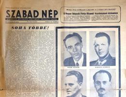 [Folyóirat, 1956.] Soha többé! A Szabad Nép lapszáma Rajk László újratemetése alkalmából. (1956. október 6.) Budapest, 1956. Szabadság Lapkiadóvállalat - Szikra Lapnyomda. 4 p. Folio. A Szabad Nép délutáni lapszáma Rajk László újra temetéséről számol be. Rajk Lászlót, az egykori kommunista politikust, a teljhatalmú belügyminisztert (1946-1948) és külügyminisztert (1948-1949) a kommunista párton belüli leszámolások keretében, Rákosi Mátyás kezdeményezésére, koholt vádak alapján letartóztatták, perbe fogták és kivégezték. A széles nyilvánosságot kapott tárgyalást 1949 őszén a rádió is közvetítette. Lapszámunk sajnálatát fejezi ki a történtek miatt, egyben ígéretet tesz arra, hogy a Rákosi-érában elkövetett törvénytelenségekre soha többé nem kerül sor. A masszívan kommunista irányzatú Szabad Nép hasábjain gyakorolt önkritika és megbánás első látásra különösnek tűnik, megértésükhöz több tényezőt érdemes számba venni. 1953 tavaszán meghalt Sztálin, ezzel pedig magyarországi helytartójának, Rákosi Mátyásnak pozíciója megrendült, helyére Nagy Imrét nevezték ki. A párton belüli rákosista-sztálinista erők számára a legnagyobb döfést azonban nem is Nagy Imre kinevezése, hanem az SZKP XX. kongresszusa hozta el. Az 1956 februárjában megtartott moszkvai pártkongresszus titkosan tartott, ám kiszivárgott Hruscsov-beszéde mélyen elítélte a sztálinizmust, terrorisztikus módszereit, személyi kultuszát. A moszkvai szélfordulást megérző hazai kommunista vezetés ennek nyomán önkritikát gyakorolt, szembefordult Rákosival, semmisnek nyilvánította 1949. évi ítéleteit, Rajk Lászlót és társait pedig rehabilitálta, és intézkedett újra temetésükről. Az 1956. október 6-i Rajk-újratemetésen százezres tömeg jelent meg: ez az 1956. október eleji esemény, mely a terror elleni néma tüntetéssé vált, sokban hozzájárult október 23-hoz, a forradalom kirobbanásához. Lapszámunk nyitóoldalán a rehabilitált Rajk Lászlónak és társainak portréja, a belív oldalain életrajzuk, valamint a megbánás hangján fogalmazott vezércikk. 1956-os összefüggései miatt történelmi jelentőségű lapszám. A lapszéleken kisebb hiányok, sérülések, szakadásnyomok, a hajtások mentén repedések. Korának megfelelő állapotú lapszám.