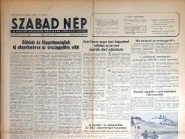 [Folyóirat] Szabad Nép. A Magyar Dolgozók Pártjának központi lapja. XIII. évfolyam, 143. szám. (1955. május 25.) [A Varsói Szerződés hazai becikkelyezése.] Budapest, 1955. Szabadság Lapkiadó Vállalat - Szikra Lapnyomda. 4 p. Folio. Az 1942-ben indult Szabad Nép az illegálisan működő hazai kommunista párt napilapja volt, pozíciója 1945 elejétől erősödött meg. Az MKP (MDP) hivatalos szócsöveként működő, emlékezetesen harcias retorikájú, állandósult jelzőkkel és határozókkal nem fukarkodó politikai napilap cikkei ezúttal a frissen létrejött Varsói Szerződés hazai becikkelyezését ünneplik meg. A NATO 1954. évi nyugatnémet bővülésére válaszképpen a Szovjetunió létrehozta a keleti blokk országainak katonai szervezetét, a Varsói Szerződést, melyet az aláíró országok egypárti parlamentjei haladéktalanul aláírtak. Lapszámunk tájékoztatása szerint a gyári munkásság a munkaversenyek szüneteiben forró lelkesedéssel tárgyalja a varsói határozatok budapesti becikkelyezését. Máskülönben az ország a termelési és beszolgáltatási verseny lázában ég, melyet a Darvas József által bejelentett kulturális forradalom párhuzamos eseménye színesít. A tartalomból: Békénk és függetlenségünk új alapokmánya az országgyűlés előtt -- A magyar dolgozó nép egységesen állást foglal a varsói alapokmányok mellett -- Beszámoló nagygyűlés a varsói értekezletről a Sportcsarnokban -- 130 százalékra teljesítik a gépi növényápolás tervét -- A magyar nép anyagi és kulturális javulása az ötéves terv időszakában -- Darvas József: Kulturális forradalmunk helyzete. Nagyobb hangsúlyt az írói felelősségre! Hűség a párthoz, a néphez! Az irodalom elvi egységéért. A kultúrotthonok elsőrendű feladata: az ideológiai nevelés. Lapunk emlékezetes pillanatfelvételt nyújt a párt sajtóközpontja által elképzelt ország mindennapjairól és vágyakozásairól. Jó állapotú lapszám, hajtogatva.