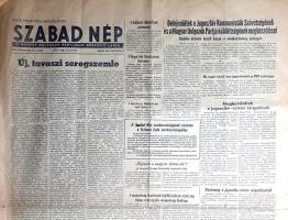 [Folyóirat, 1956.] Szabad Nép. A Magyar Dolgozók Pártjának központi lapja. XIV. évfolyam, 295. szám. (1956. október 23.) [A lengyelországi változásokhoz: szembenézés a múlt hibáival. Megalakult a Petőfi Kör a budapesti egyetem bölcsészeti karán. A Petőfi Kör vezetősége Nagy Imre kormánytagságát, Rákosi Mátyás kizárását és Farkas Mihály felelősségre vonását sürgeti. A Műszaki Egyetem ifjúsága 15 pontos követelést fogalmazott meg.] Budapest, 1956. Szabadság Lapkiadó Vállalat - Szikra Lapnyomda. 4 p. Folio. Az 1956-os forradalom kitörésének napján megjelent központi pártlap emlékezetes politikai pillanatképet rögzít. A Szabad Nép újságírói természetesen nem értesülhettek a nap későbbi eseményeiről, ám a forradalom kirobbanásához vezető út bizonyos tényezőit lapszámunk ismerteti. Ezek elsője a lengyelországi helyzet. A sztálini módszereket elítélő hruscsovi beszéd híre, valamint a lengyelországi iparosítás nyomorító terhe 1956 nyarán a poznani munkásfelkeléshez vezetett. Bár a mozgalmat kíméletlenül leverték, a korábban bebörtönzött lengyel kommunista vezető, Gomulka az ősz folyamán előreléphetett, és meghirdethetett egyfajta demokratizálódást, egyben kritizálta a lengyel iparosítás erőltetését. A hibákkal való szembenézés programja a hazai diákság körében reményeket, a lengyel felkelés eltiprása indulatokat kavart, ennek nyomán pedig a Szegedi Egyetem, a Műegyetem és az ELTE diákjai követeléseket megfogalmazó szervezeteket alakítottak. Lapunk közzéteszi az ELTE bölcsészeti karán alakult Petőfi Kör nyílt levelét, amely Rákosi Mátyás és Farkas Mihály felelősségre vonását, és az 1955-ben leváltott Nagy Imre kormányzati szerepbe emelését követeli. A változatlanul Gerő Ernő által uralt párt lapja természetesen elhallgatja a lengyelországi és hazai események valódi természetét: Lengyelországban a beköszöntött társadalmi béke képét közvetíti, a hazai egyetemi diákság híreit pedig békülékeny diákhírekkel elegyíti. Lapszámunk hajtásai mentén kisebb szakadásnyomok. Jó állapotú lap, hajtogatva.