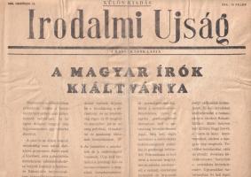 [Aprónyomtatvány, 1956.] A magyar írók kiáltványa. Az Irodalmi Újság egyleveles röpirata. (1956. október 23.) Budapest, 1956. Magyar Írók Szövetsége - Athenaeum Nyomda. Egyetlen levél, mérete: 470x310 mm. A forradalom kitörésének napján keletkezett írószövetségi röpirat a legégetőbb politikai kívánalmakat foglalja hat pontba. Kiáltványunk nemzeti egyenrangúságot, önálló külpolitikát, szakszervezeti érdekképviseletet, üzemi tanácsokat, önkéntességen alapuló szövetkezesítést, paraszti önrendelkezést, szabad választásokat, Rákosi Mátyás elmozdítását és Nagy Imre kinevezését követeli. Történelmi értékű író proklamáció, amely az elkövetkező napok politikáját is meghatározta. Röpiratunkon halvány foltosság, a hajtások mentén kisebb szakadásnyomok. Jó állapotú lap, hajtogatva.