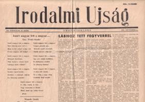 [Folyóirat, 1956.] Az Irodalmi Újság 1956. november 2-i lapszáma, Illyés Gyula "Egy mondat a zsarnokságról" című versének első közlésével, Németh László esszéjével, Szabó Lőrinc, Tamási Áron, Füst Milán, Déry Tibor, Hubay Miklós írásaival. A folyóirat utolsó hazai száma. VII. évfolyam, 43. szám. (1956. november 2.) Budapest, 1956. Magyar Írók Szövetsége (Athenaeum Nyomda). 4 p. Folio. Az 1950-ben indult Irodalmi Újság az 1950-es évek közepétől Nagy Imre törekvéseit támogatja; írásai révén a lap az 1956-os forradalom szellemi előkészítője. Lapszámunkban jelenik meg először Illyés Gyula "Egy mondat a zsarnokságról" című költeménye, a XX. századi magyar költészet meghatározó, ám asztalfiókban maradt verse. (A költő 1950-ben, a letartóztatások, bebörtönzések és kivégzések idején írta meg ezt a versét, de a mű a sajtóban csak az 1956-os forradalom viharaiban jelenhetett meg. A verset ezután ismét tilalom alá helyezték, és csak 1988-ban láthatott ismét napvilágot Illyés gyűjteményes kötetében. 1956-ban azonban ismertté vált, s az emberek titokban másolgatták, terjesztették.) Németh László esszéjét Szabó Lőrinc, Déry Tibor és mások írásai követik. A forradalom bukásával az Irodalmi Újság többé nem jelenhetett meg, a továbbiakban a nyugati emigráció folyóirata volt. A hajtás mentén apró szakadásnyommal. Jó állapotú lapszám, hajtogatva.
