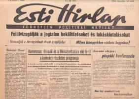 [Folyóirat, 1956.] Esti Hírlap. Független politikai napilap. I. évfolyam, 1. szám. (1956. december 24.) Budapest, 1956. (Kossuth Könyv- és Lapkiadó és Terjesztő Vállalat - Budapesti Lapnyomda). 7 + [1] p. Folio. A délutáni terjesztésű bulvárlap, az Esti Hírlap először 1956 karácsonyán jelent meg. A budapesti pártbizottsággal jó kapcsolatokat ápoló, képes napilap az 1960-as évektől számos rizikós témát is megírhatott, így a hazai lappiac egyre befolyásosabb tagjává válhatott. 1956. decemberi lapszáma azonban még egyértelműen pártérdekeket szolgál: megbékélést sürget; sajnálattal vázolja az októberi események miatt bekövetkezett áruhiány, nyugdíj-folyósítási problémák és tanítási gondok volumenét. Első lapszámunk forradalomhoz való viszonya többé-kevésbé semleges: ellenforradalomnak még nem minősíti. Ez elsősorban annak köszönhető, hogy Kádár János, az MSZMP és a Forradalmi Munkás-Paraszt Kormány uralma még nem szilárdult meg, jó félévvel később 1956 októberét markánsabban ítélik meg a hazai lapok. Jó állapotú lapszám, a hajtás mentén apró sérülésekkel.