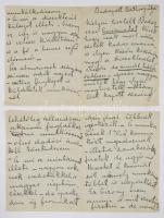 ca 1912 Lesznai Anna (1885-1966) költő, író, grafikus, iparművész, a Nyolcak vendégtagjának izgalmas autográf levele dr. Bodor Antal (1886-1954) szociográfus, falukutatónak. A levélben megköszöni a munkáinak kiállításáért kapott díszoklevelet és részletesen ír munkáinak készítéséről, a keze alá dolgozó körtvélyesi munkásnők fizetéséről, eladási lehetőségeiről "nincs még két éve, hogy a Nyolczak kiállításán először szerepeltek a dolgaim - s azóta bizony sokszor nehéz eladási viszonyok között elég bátran tartottuk magunkat," "... még Kairóba is kerülnek körtvélyesi munkák" Az alkalmazott díszítésmódról szinte ars poeticaként is felfoghatóan: "Ami mintáimat illeti - nagyon rokonok eredetiekkel, a magyar néphímzésekkel - de iparkodom új formákat kezelni ugyanazzal a régi hagyományos stilizálási móddal - a keleti jellegét megpró bálom megóvni a magyar stílusnak. Újabban a tarka színű holmi mellett - kevesebb színűt is varratok - stb..." 8 kézzel beírt oldal