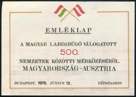 1976 Emléklap a Magyar labdarúgó válogatott 500. nemzetek közötti mérkőzéséről, Magyarország-Ausztria 14x10 cm
