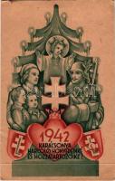 1942 Karácsonya Harcoló honvédeinké és hozzátartozóiké; levente szimbólumokkal / WWII Hungarian military Christmas greeting with paramilitary youth organisation's symbols (non PC) (gyűrődések / creases)