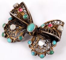 Antik aranyozott ezüst (Ag) lepke alakú bross, türkiz, gránát és gyöngyház berakásokkal. Jelzett, 4x...