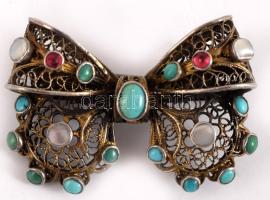 Antik aranyozott ezüst (Ag) lepke alakú bross, türkiz, gránát és gyöngyház berakásokkal. Jelzett, 4x...