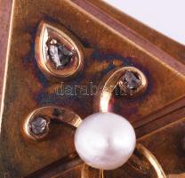 Szecessziós stílusú arany (Au) bross, 14k, 6 darab kisméretű gyémánt berakással, illetve feltehetően...