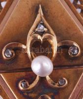 Szecessziós stílusú arany (Au) bross, 14k, 6 darab kisméretű gyémánt berakással, illetve feltehetően...