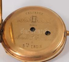 Arany (Au) tokos zsebóra, szétesett állapotban, 14k, jelzett, a tok minimális zománcozással nettó 9,...