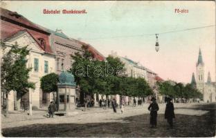 Munkács, Mukacheve, Mukacevo; Fő utca, római katolikus templom, étterem. Bertsik Emil kiadása / main street, church, restaurant (EK)