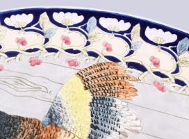 1880-1910 Rudolf Ditmar Znaim nagyméretű ovális szecessziós vadászmintás falitál. Középen levadászot...