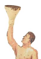 Szocialista realista vas figurális gyertyatartó, korrodált, m: 27 cm