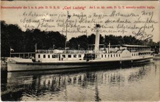 1908 Personendampfer der I. k. k. priv. D. D. S. G. "Carl Ludwig" / Az I. cs. kir. szab. D. G. T. személyszállító gőzhajója / DDSG "CARL LUDWIG" passenger paddle steamer, steamship (EK)